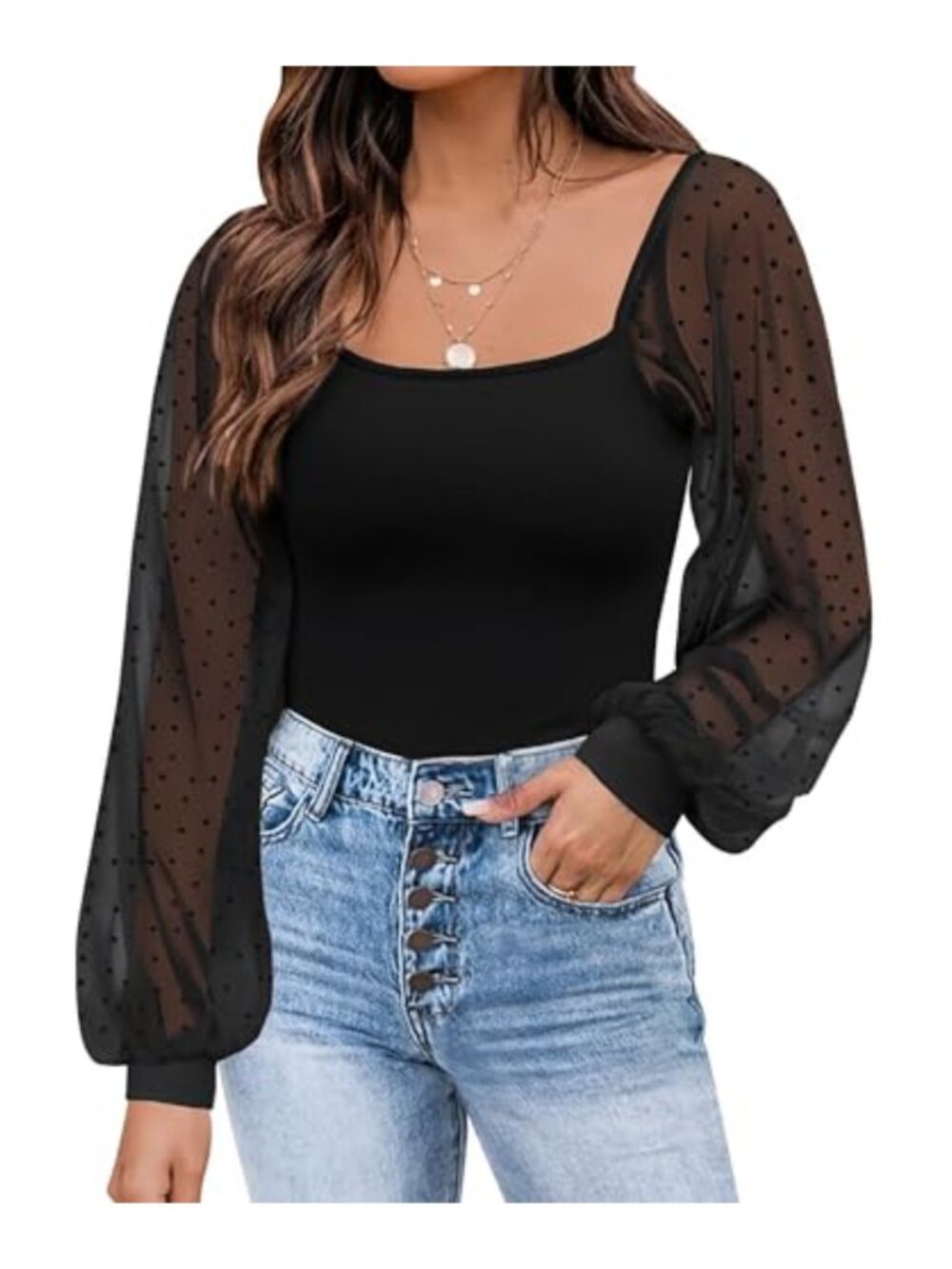 Women's Mesh Puff Long Sleeve Ribbed T-Shirt Scoop Neck Blouse Casual Top